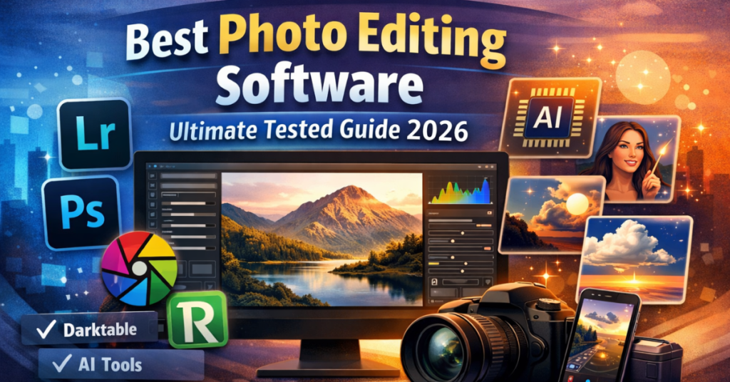 Best Photo Editing Software 2026 feature image showing a monitor with photo editing interface, camera, smartphone, and icons for Lightroom, Photoshop, Luminar Neo, and Darktable with AI editing tools.