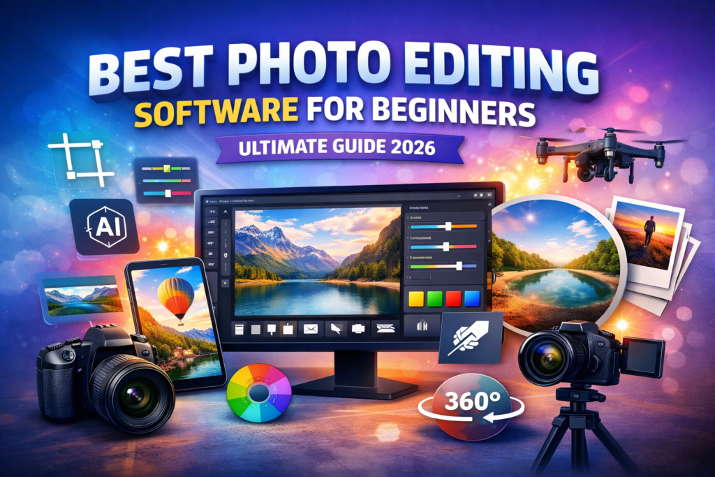 Best Photo Editing Software for Beginners – 2026 ultimate guide feature image showing photo editing tools, camera, AI editing, and creative workflow.