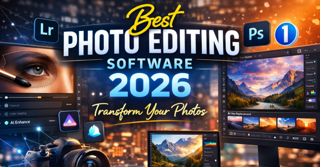 Workspace showing monitors, camera, and stylus with Professional Photo Editing Software interfaces, highlighting AI tools, color grading, and creative editing in 2026.