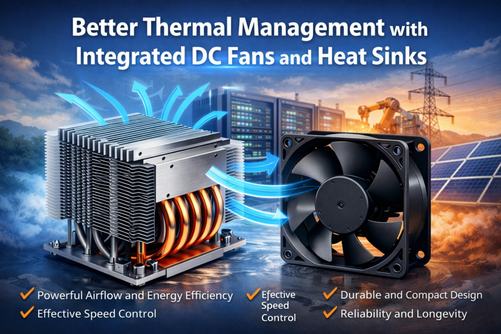 Better Thermal Management with Integrated DC Fans and Heat Sinks: An aluminum heat sink with copper heat pipes paired with a black DC axial fan, showing airflow movement in an industrial environment, highlighting energy efficiency, compact design, and reliability.