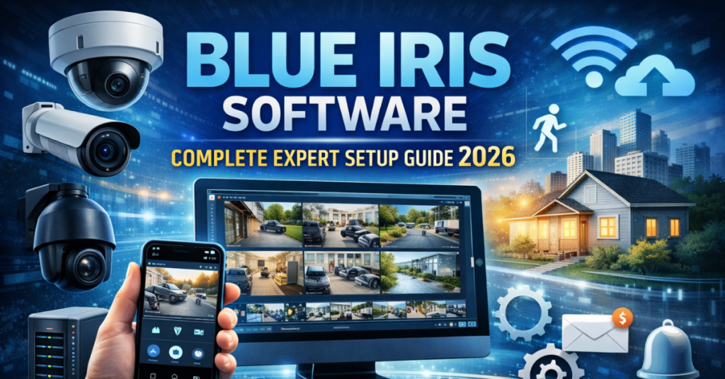 Blue Iris Software dashboard showing multiple camera feeds, mobile access, motion detection alerts, and home & business security setup.