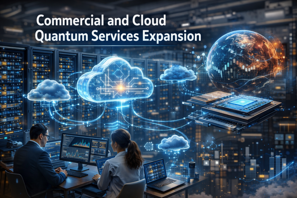 Commercial and cloud quantum services expansion showing quantum cloud platforms, hybrid quantum-classical computing systems, and global quantum computing network infrastructure.