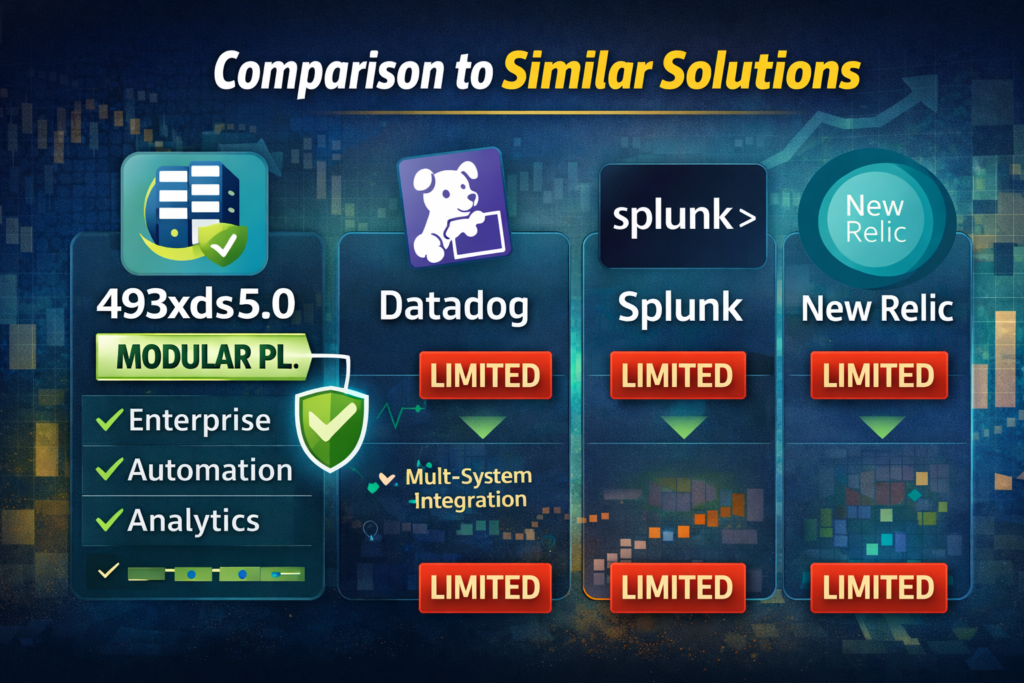 Comparison of 493xds5.0 software with Datadog, Splunk, and New Relic showing modular platform, enterprise features, and price range differences.