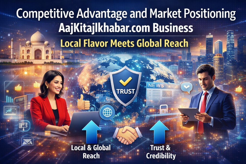 Competitive Advantage and Market Positioning of AajKitajikhabar.com Business showing local flavor, global reach, trust, and credibility in digital news.