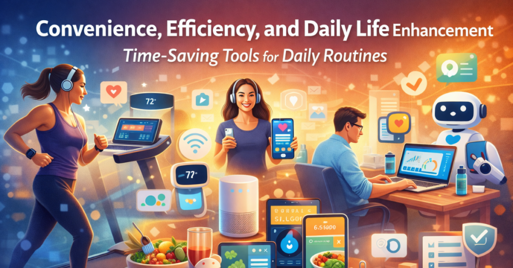 Illustration showing smart home devices, wellness tracking apps, fitness trackers, and productivity tools, demonstrating convenience, efficiency, and daily life enhancement.