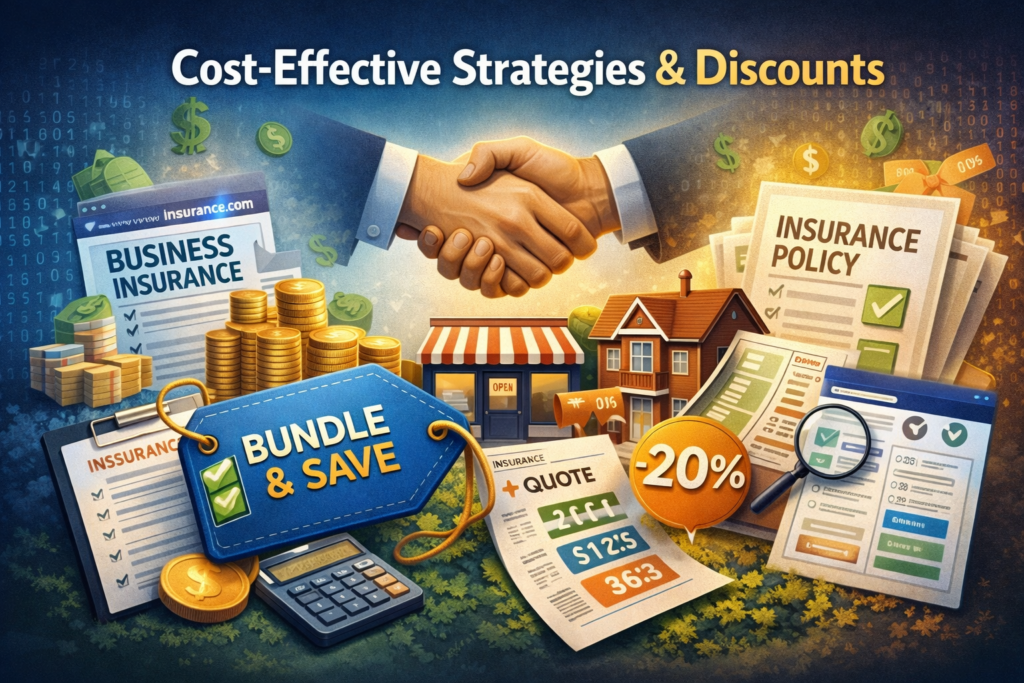 Mywebinsurance.com Business Insurance feature image showing cost-effective strategies, policy bundling, discounts, and insurance quote comparison for small businesses.