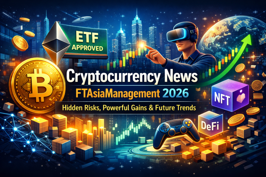Cryptocurrency News FTAsiaManagement 2026 feature image showing Bitcoin, Ethereum, NFT, DeFi, blockchain networks, and futuristic digital finance concepts.