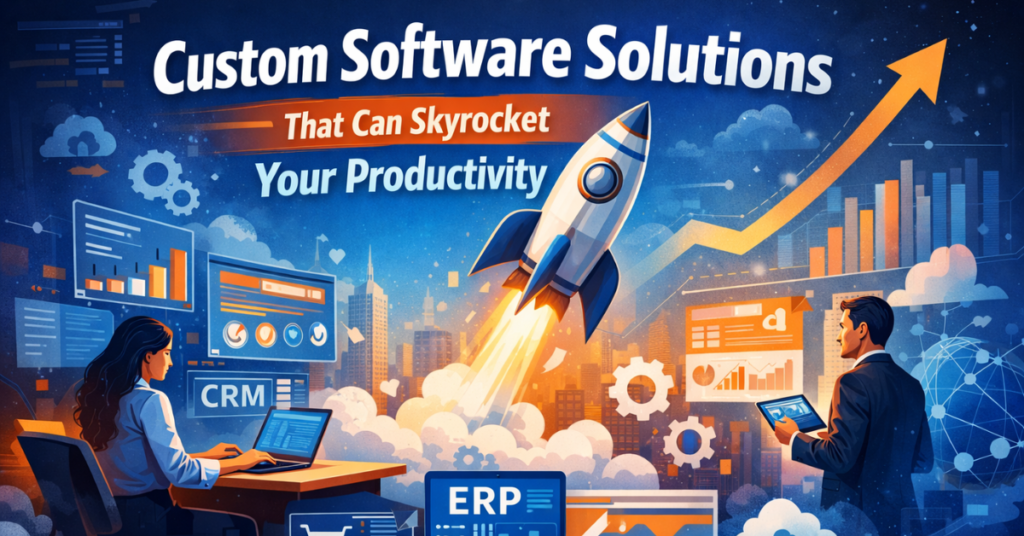 Custom Software Solutions feature image showing a rocket launch symbolizing business productivity growth, automation, and modern enterprise technology.