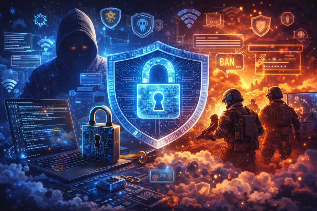 Feature image for Cybersecurity in Multiplayer Worlds and Data Protection showing a glowing digital padlock, a hacker figure, laptops with code, multiplayer game avatars, anti-cheat icons, and secure data elements in a futuristic 16:9 composition.