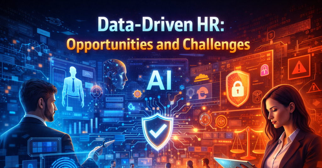 Data-driven HR visual showing AI, analytics, and security concepts highlighting opportunities and challenges of Tech Trends GFXProjectality in ethical and privacy-focused HR decision making.