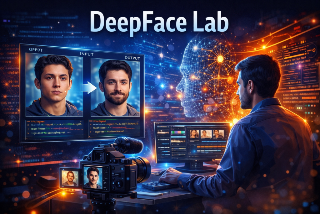 Feature image for DeepFace Lab showing advanced AI video face swap technology with a computer screen displaying face replacement editing software in a professional digital workspace, 16:9 aspect ratio.