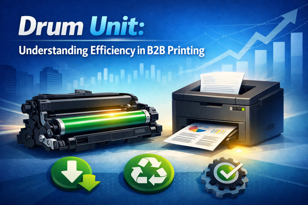 Drum Unit illustration showing laser printer, toner drum, and efficiency icons representing B2B printing quality and performance.