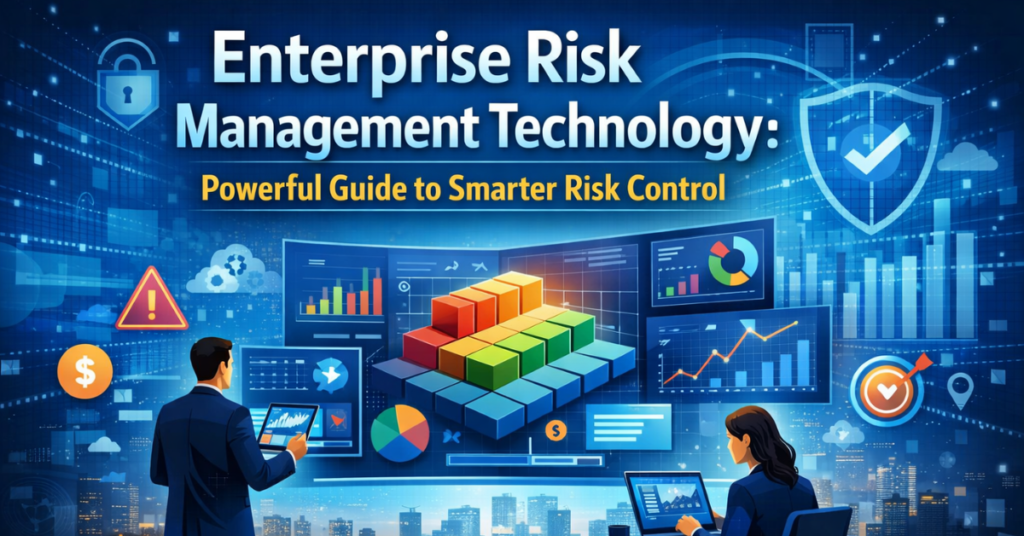 Enterprise Risk Management Technology dashboard showing data analytics, risk charts, and workflow automation for smarter risk control.