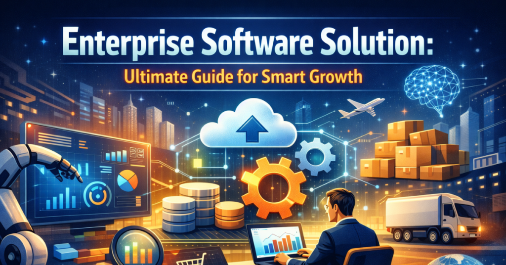 Enterprise Software Solution dashboard with cloud, AI, workflow automation, and business analytics.