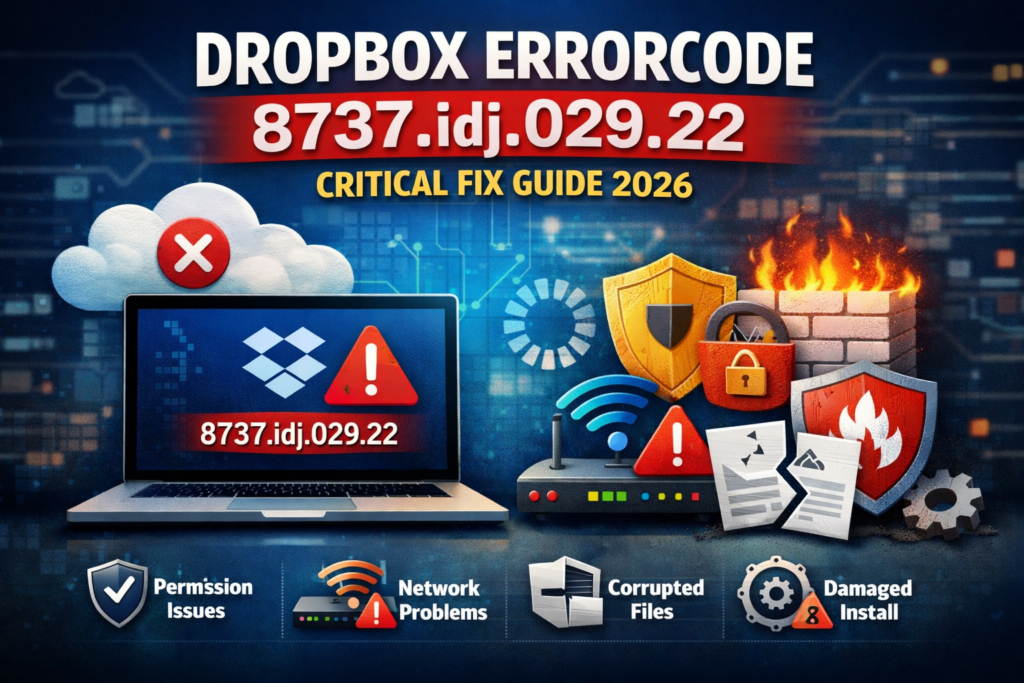 Errorcode dropbox 8737.idj.029.22 critical fix guide 2026 showing Dropbox sync error, permission issues, network problems, and damaged install icons in a 16:9 feature image.
