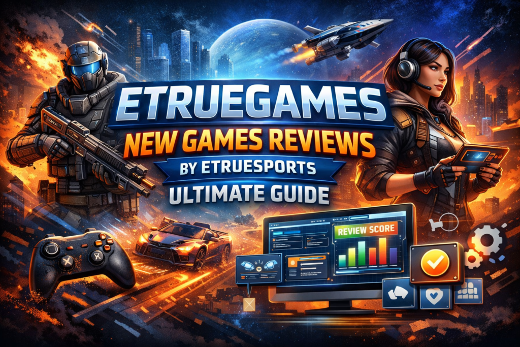 Etruegames New Games Reviews by Etruesports feature image showing modern gaming consoles, diverse game characters, and immersive gameplay elements.