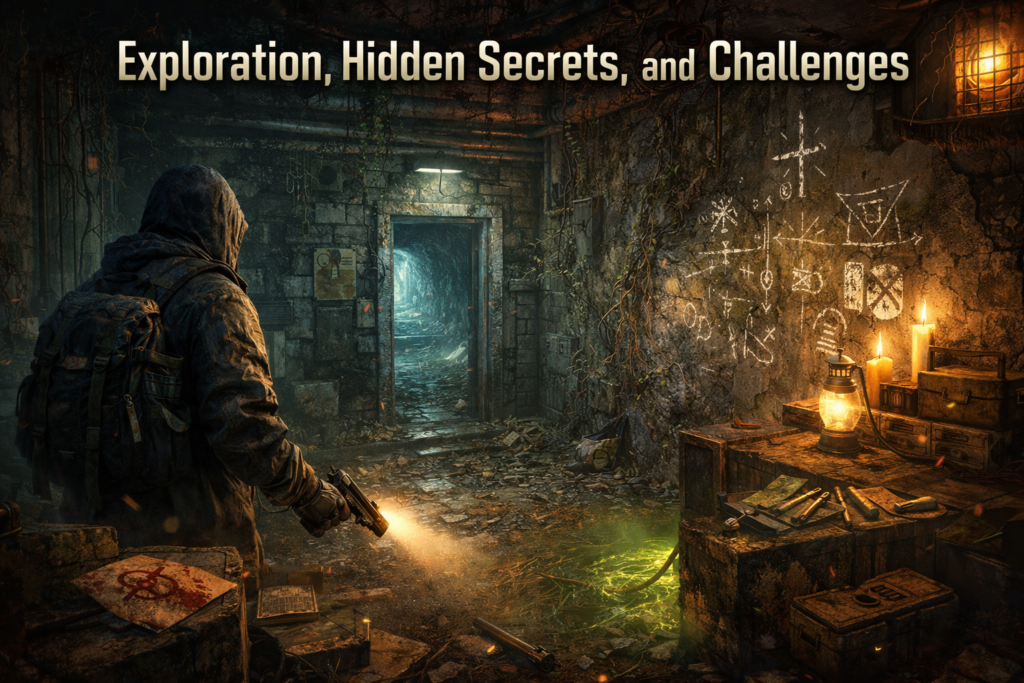 Game Evebiohaztech PC exploration scene showing a lone survivor inside a dark abandoned facility discovering hidden pathways, glowing clues, and mysterious wall symbols in a tense survival horror environment.