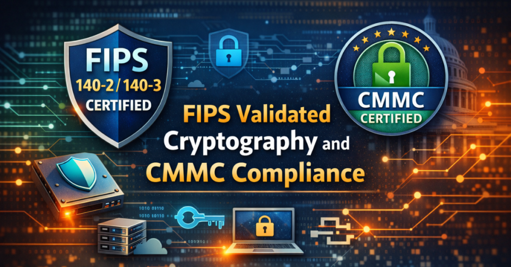 Feature image illustrating FIPS Validated Cryptography and CMMC Compliance with digital locks, encryption keys, servers, shields, and cybersecurity certification icons.