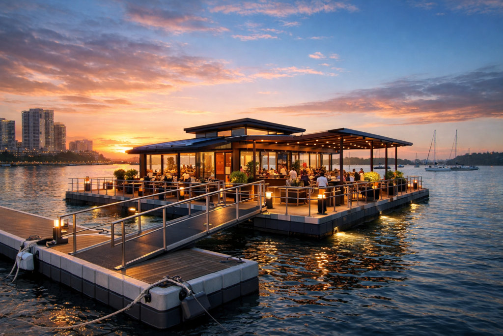 Floating Restaurants on calm water with glass facades, open decks, and waterfront dining at sunset, showcasing stability and luxury design.
