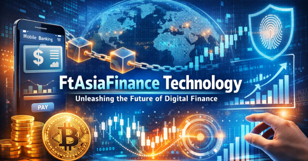 FtAsiaFinance Technology concept with mobile banking, blockchain, cryptocurrency, AI, and global financial connectivity in a futuristic digital design.