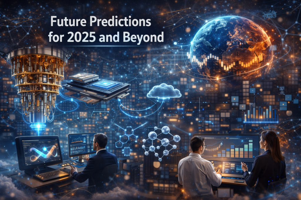 Future predictions for 2025 and beyond showing advanced quantum processors, global quantum cloud networks, and real-world quantum computing industry applications.