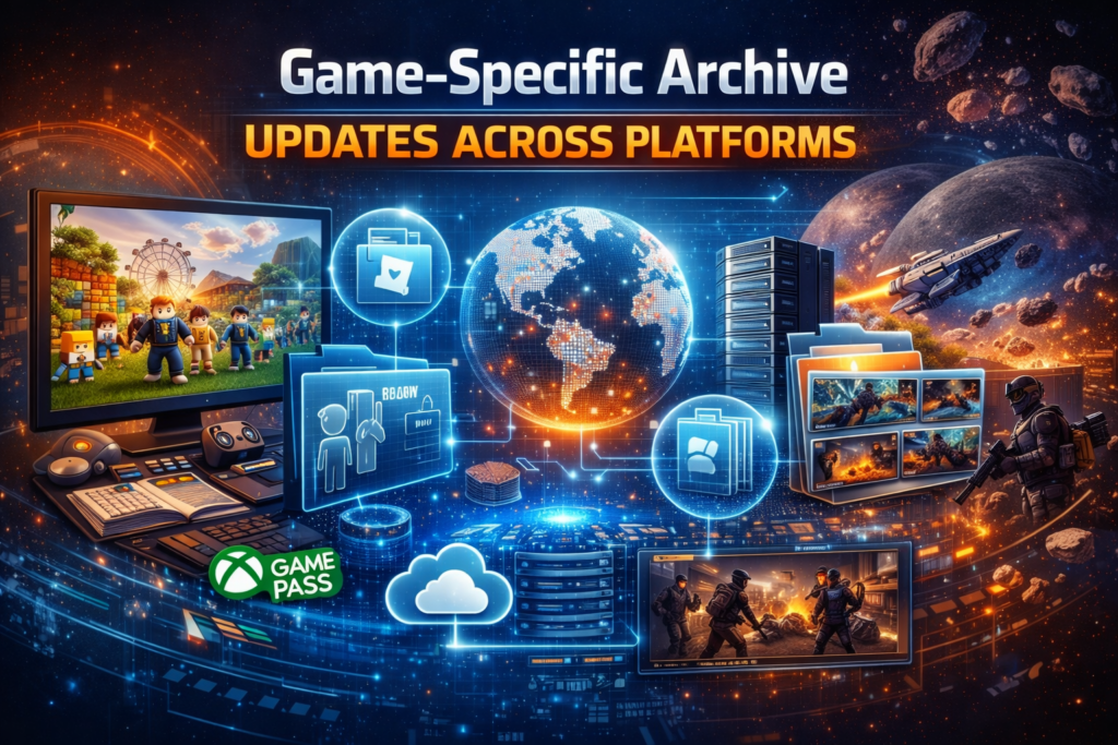 Feature image illustrating game-specific archive updates across platforms, showing Roblox-style user-generated worlds, cloud gaming storage systems, multiplayer server preservation, and digital gaming archive databases in a futuristic ecosystem design.