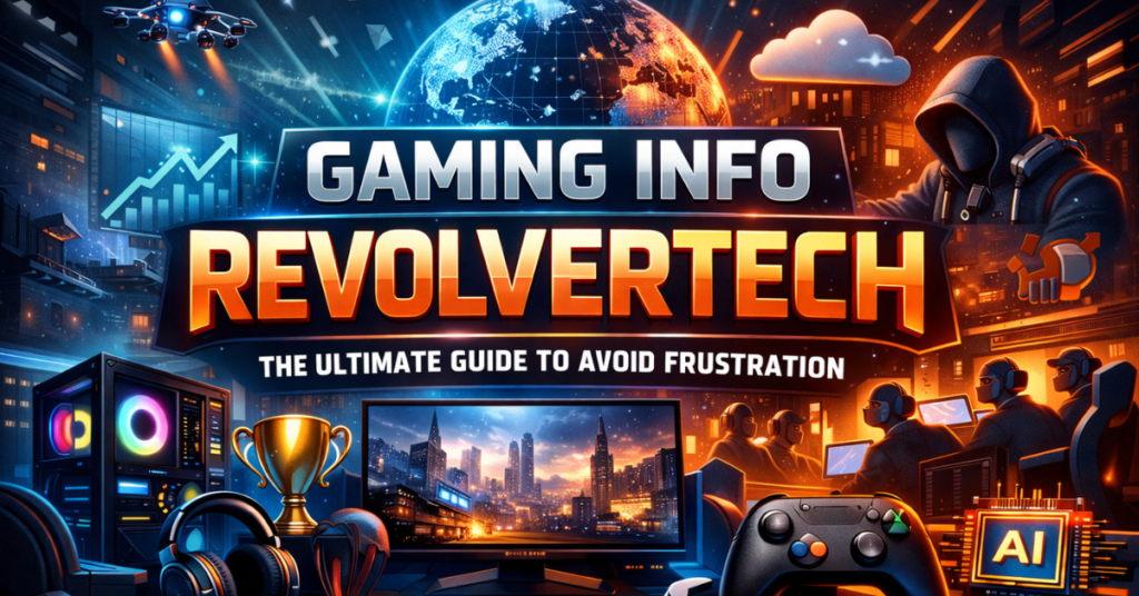 Futuristic gaming setup with PC, controller, AI elements, and players in action, representing Gaming Info RevolverTech guide.