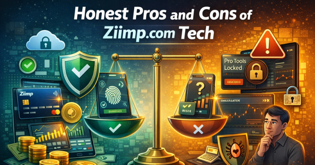Honest pros and cons of Ziimp .com Tech showing security features, integrated finance tools, and potential trading risks.