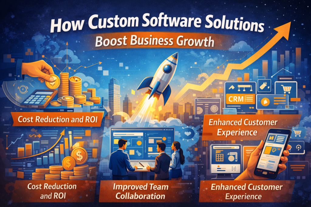 Custom Software Solutions feature image illustrating business growth through cost reduction, improved team collaboration, higher ROI, and enhanced customer experience.