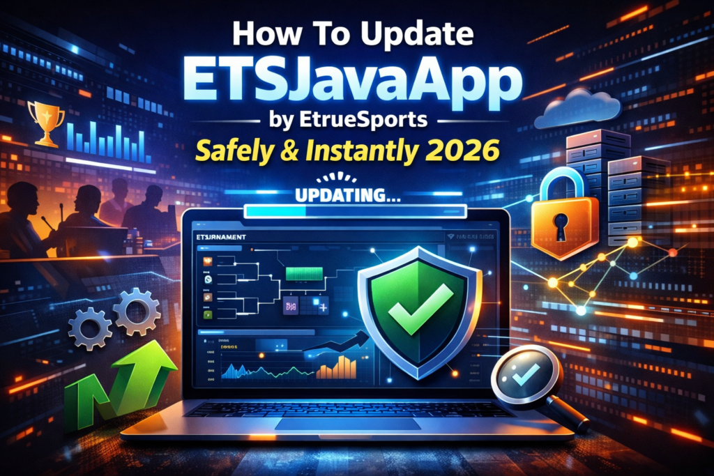 How To Update ETSJavaApp By EtrueSports guide showing secure app update process with laptop screen, security shield, progress bar, and tech background (2026).