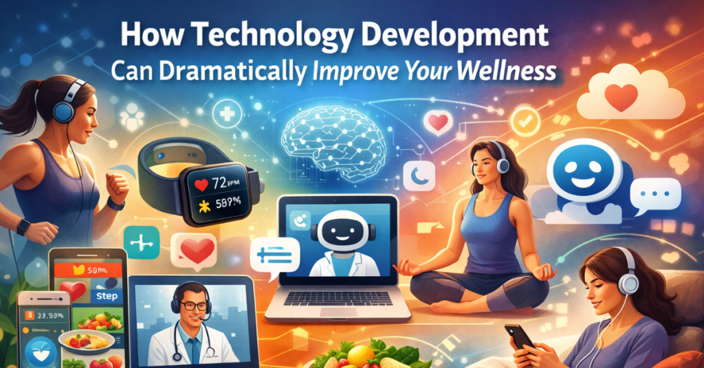 Development of Technology, Illustration showing smart home devices, wellness tracking apps, fitness trackers, and productivity tools, demonstrating convenience, efficiency, and daily life enhancement.