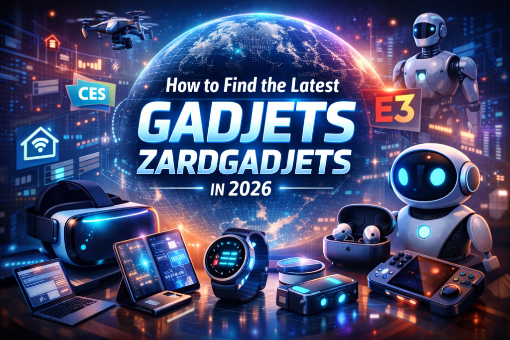 Futuristic 16:9 feature image for How to Find the Latest Gadjets Zardgadjets showing VR headset, foldable smartphone, smartwatch, gaming console, smart robot, and holographic globe with CES and E3 tech event elements in a 2026 digital city background.