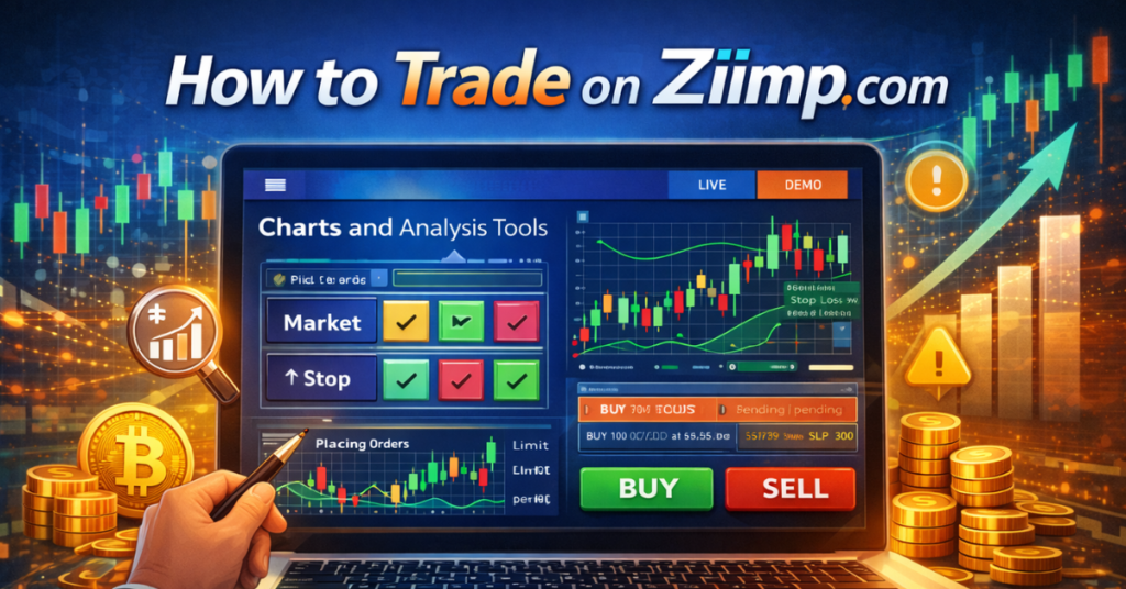 Ziimp .com Trading dashboard showing how to trade using market, limit, and stop orders with charts, analysis tools, and demo vs live trading options.