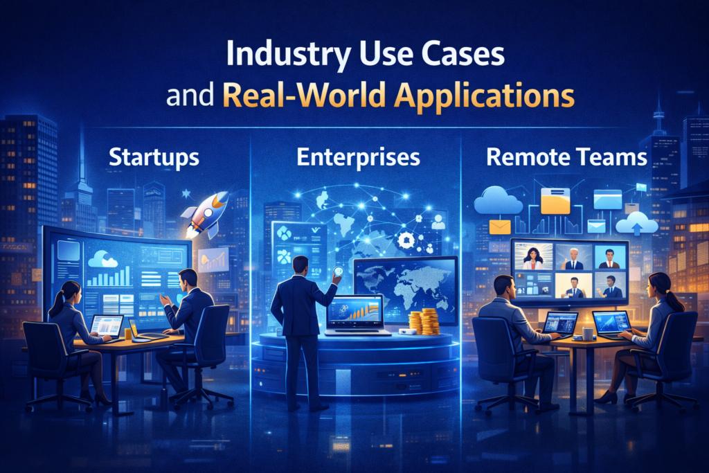 Industry Use Cases and Real-World Applications feature image showing Meetshaxs software used by startups, enterprises, and remote teams with dashboards, cloud collaboration, and financial analytics visuals (16:9).