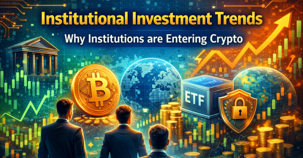 Digital illustration showing institutional investment trends in cryptocurrency, featuring business professionals observing Bitcoin, Ethereum, ETF cube, and global financial data charts, highlighting growing institutional presence and market stability in crypto.