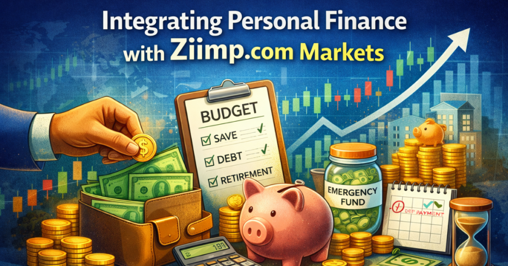 Feature image for 'Integrating Personal Finance with Ziimp .com Markets' showing budgeting, saving, debt management, retirement planning, emergency funds, and stock charts to illustrate smart money management and investment integration.