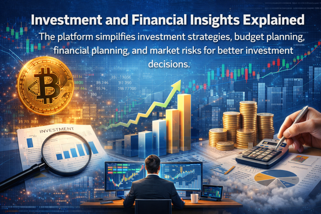 Feature image for Investment and Financial Insights Explained showing stock market charts, Bitcoin symbol, rising growth graph, calculator, financial reports, and business analysis dashboard in a 16:9 layout.