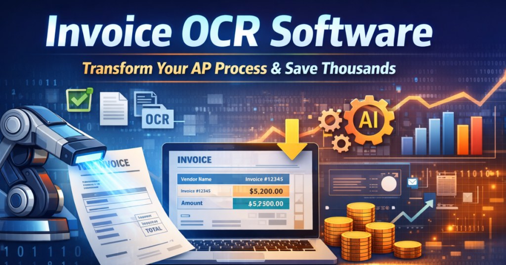 Invoice OCR Software feature image showing automated invoice scanning, AI data extraction, and accounts payable process automation.