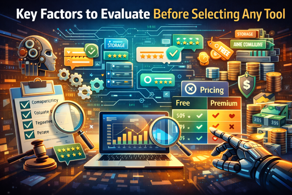 Feature image for Key Factors to Evaluate Before Selecting Any Tool, showing performance, compatibility, pricing comparison, reviews, and technology evaluation elements in a modern digital design.