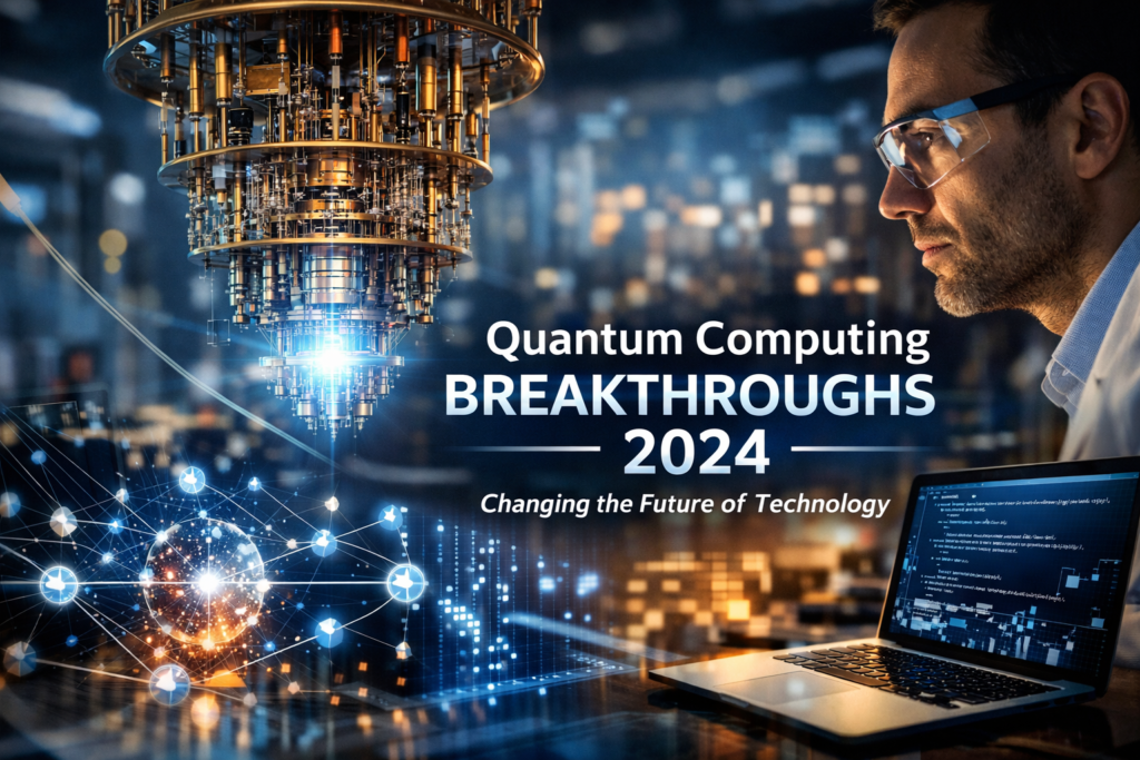 Latest Breakthroughs in Quantum Computing 2024 concept image showing a futuristic quantum processor, glowing qubit network, and scientist analyzing advanced quantum technology.