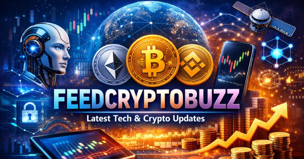 Latest Tech News Feedcryptobuzz feature image showing crypto market charts, blockchain technology, AI innovation, and digital finance trends.