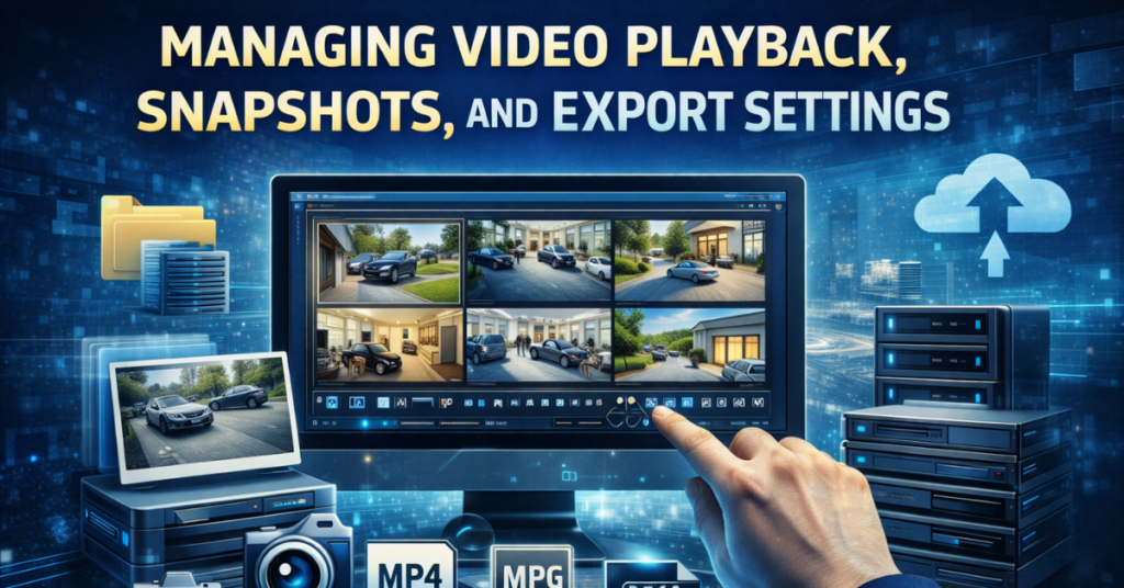 Blue Iris Software interface showing video playback, snapshots, and export options in MP4, MPEG, and JPG formats, with a monitor, hard drives, and cloud backup icons for video management.