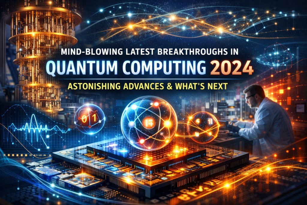 Latest Breakthroughs in Quantum Computing 2024 illustrated with futuristic quantum processor, glowing qubits, and advanced laboratory environment symbolizing next-generation innovation.