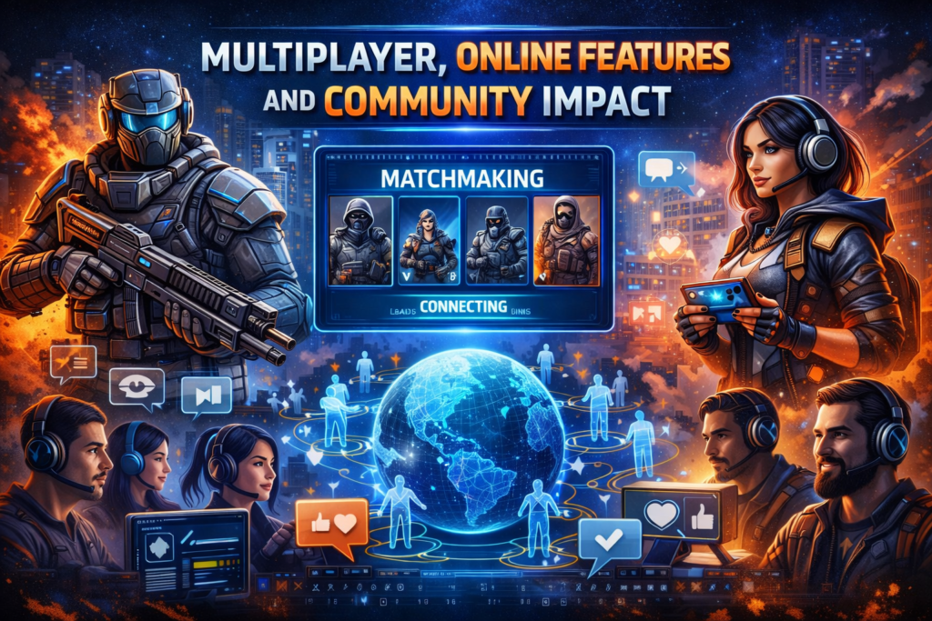 Multiplayer, Online Features and Community Impact illustration showing diverse gamers connected online, teamwork, stable servers, matchmaking visuals, and community interactions.