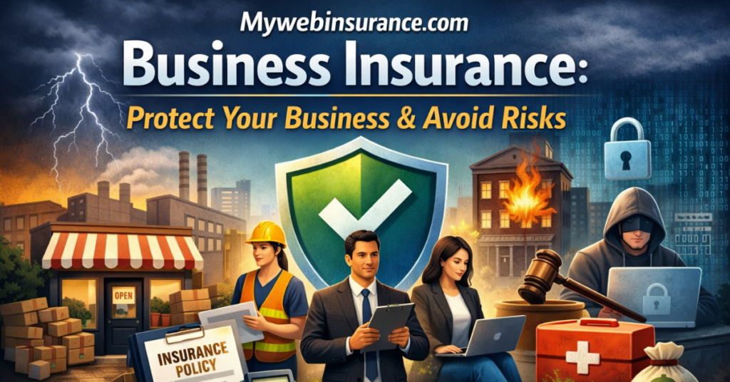 Mywebinsurance.com Business Insurance feature image showing small businesses protected from risks with liability, property, workers’ compensation, and cyber insurance coverage.