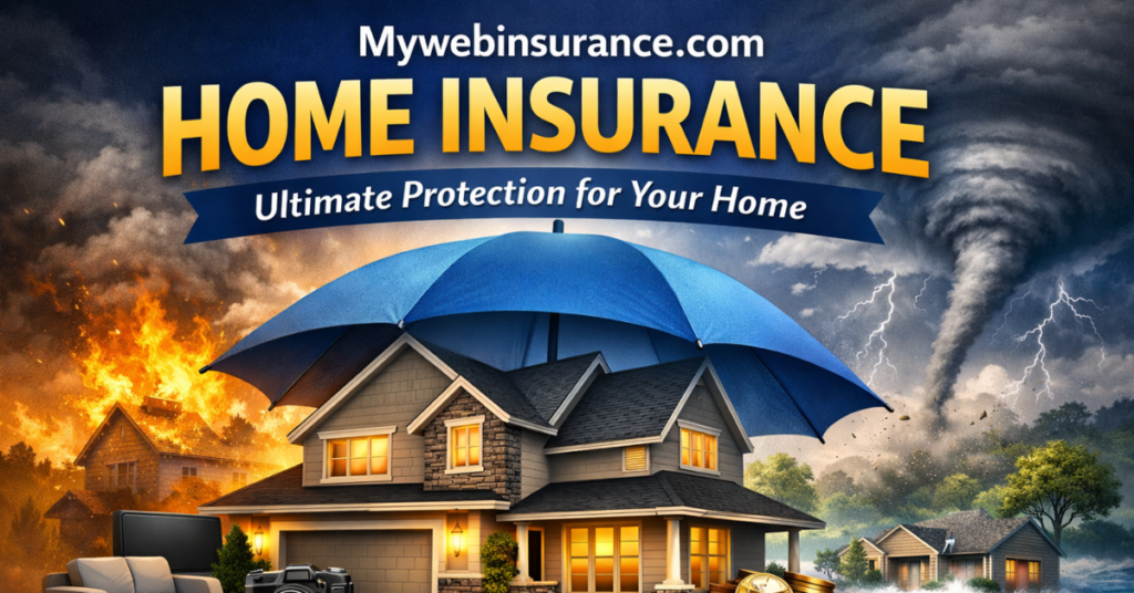 Modern suburban house protected under a large umbrella with icons of furniture, electronics, and valuables, representing security and safety with Mywebinsurance.com home insurance.