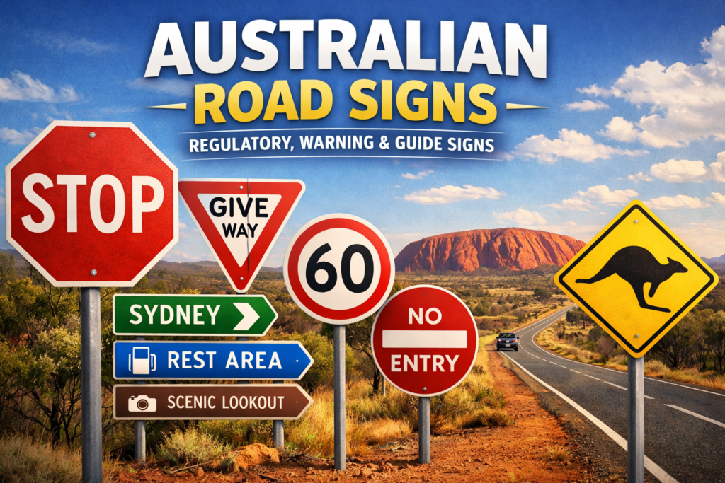 Illustration of multiple regulatory, warning, and guide traffic signs on Australian Roads, including stop, give way, speed limit, no entry, and kangaroo crossing signs set against an outback highway background.