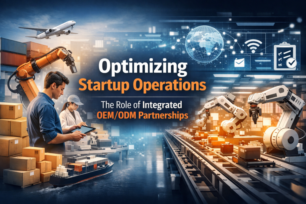 Feature image for Optimizing Startup Operations: The Role of Integrated OEM/ODM Partnerships showing a modern smart factory with automated production lines, digital dashboards, and startup team collaboration.