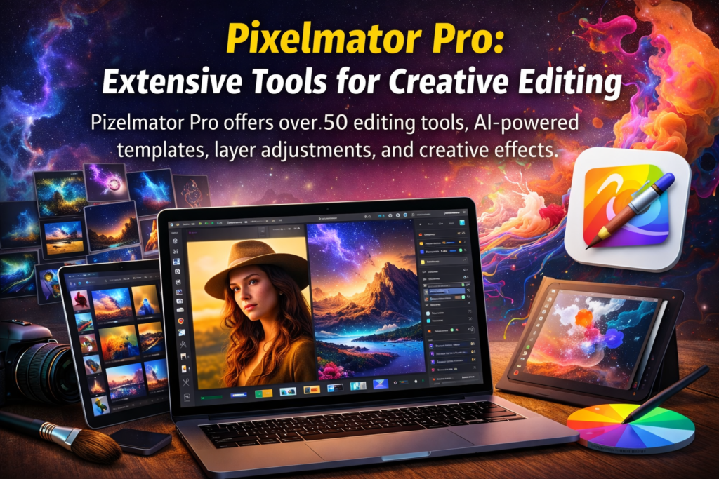MacBook and tablet showing Pixelmator Pro with layers, AI-powered templates, creative effects, and color grading tools, surrounded by stylus, camera, and color palette for professional photo editing.