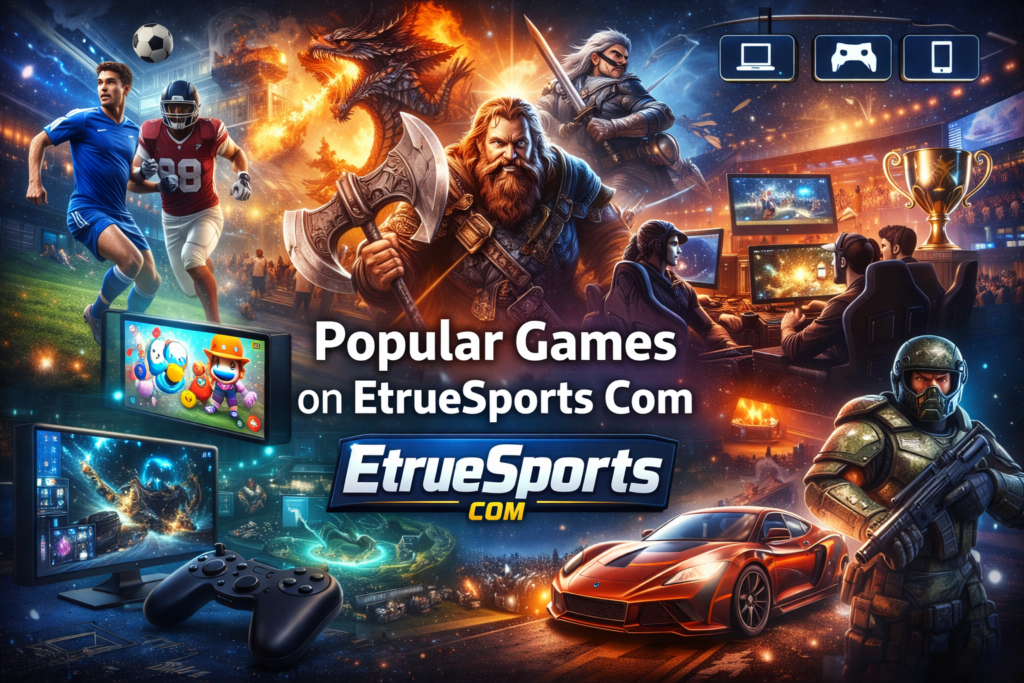 Popular Games on EtrueSports Com feature image showing gamers on PC, consoles, and mobile devices playing action-adventure, sports, racing, and esports titles, with tournament scenes and a lively gaming community.